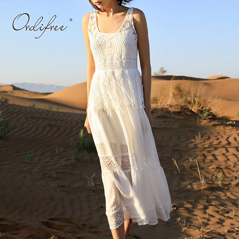 

Ordifree 2021 Summer Women Long Dress Spaghetti Strap White Lace Maxi Tunic Beach Dress