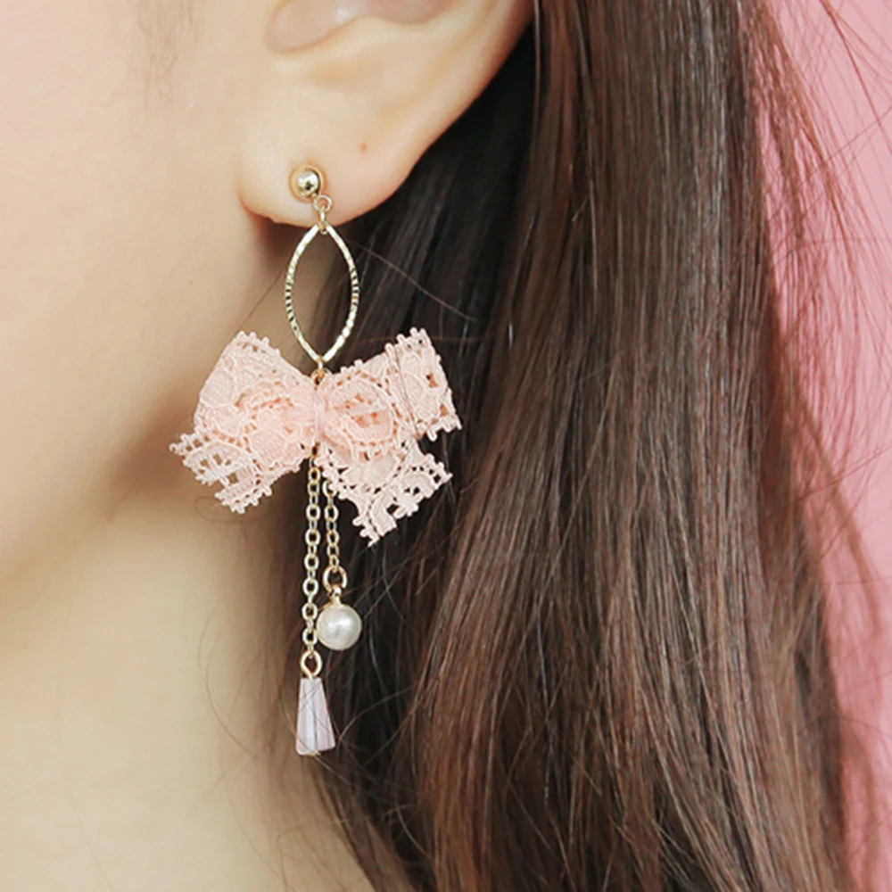 Милые серьги с кружевным бантом и кисточками модные элегантные длинные висячие