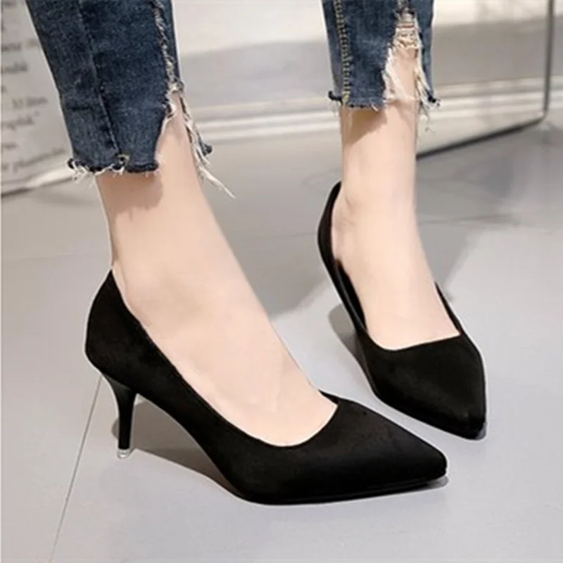 Женская обувь Zapatos Mujer Туфли на шпильке с острым носком из флока Цвет серый черный