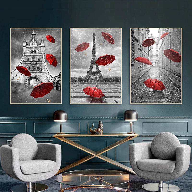 

GATYZTORY Frame 3PC Painting By Number Red Umbrella Scenery Picture By Number Handmade Landscape City Unique Diy Gift 40x50cm