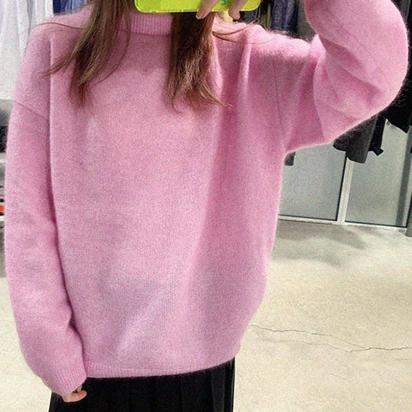 

New Women Sweater Color Sweater Pink Long-sleeved Loose Pullover Mohair Sweater Women