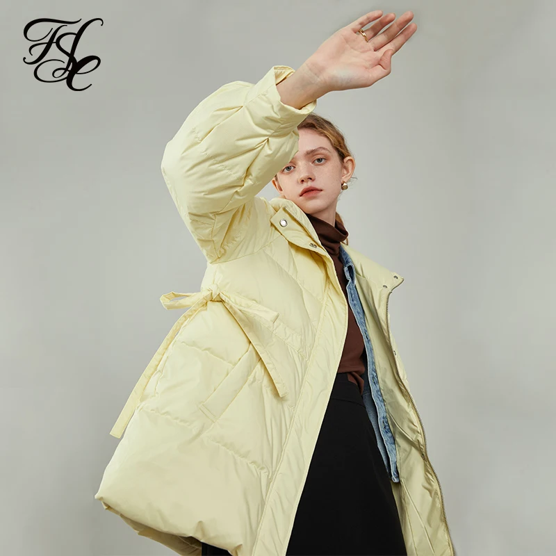 

FANSILANEN Women Goose Yellow Down Coat Regular Korean Style Loose Warm Jackets 2021 Winter New Straight Black Stand Collar Coat