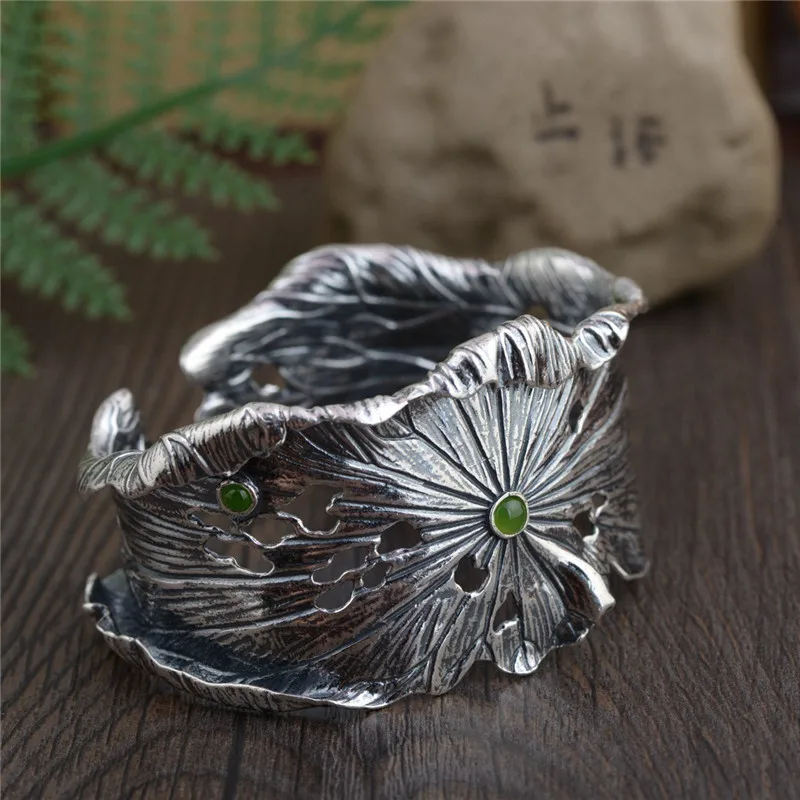 V.YA 925 Sterling Silver Bracelet Women Wide Thai Vintage Craft Lotus Leaf Open Bangles Jewelry | Украшения и аксессуары