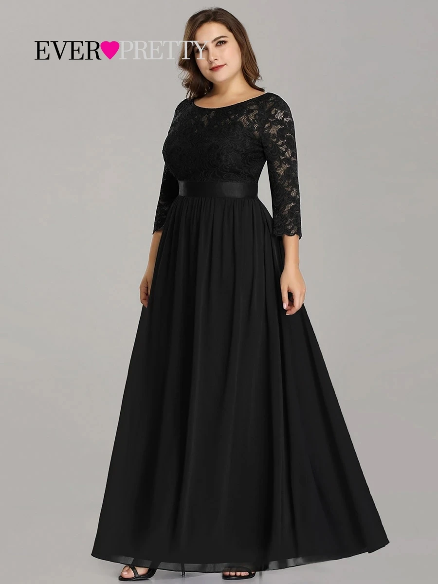 

Plus Size Evening Dresses Long Ever Pretty EP07412 Elegant Long Sleeve A-line Lace Chiffon Black Winter Wedding Guest Dresse