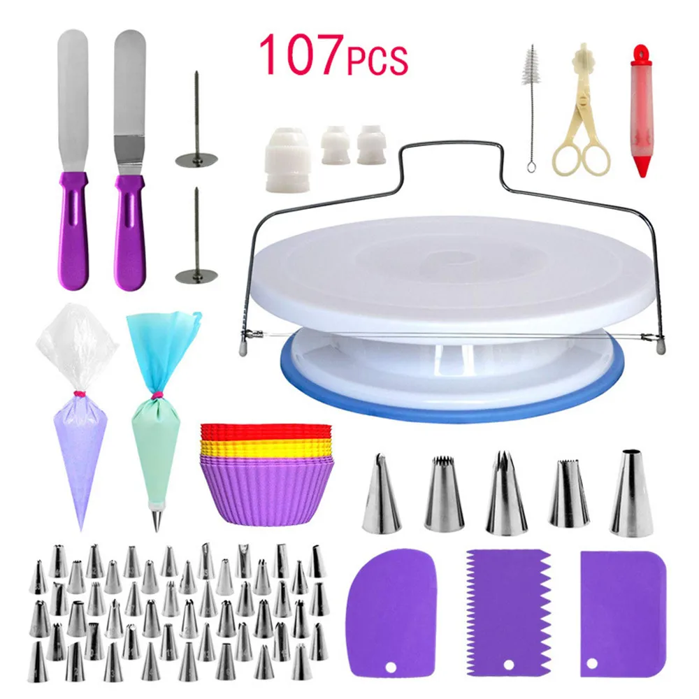 

107pc Cake Decorating Tools Kit Cake Turntable Pastry Spatulas Nozzle For Cream Tube Kitchen Baking Fondant Cake Tool Set