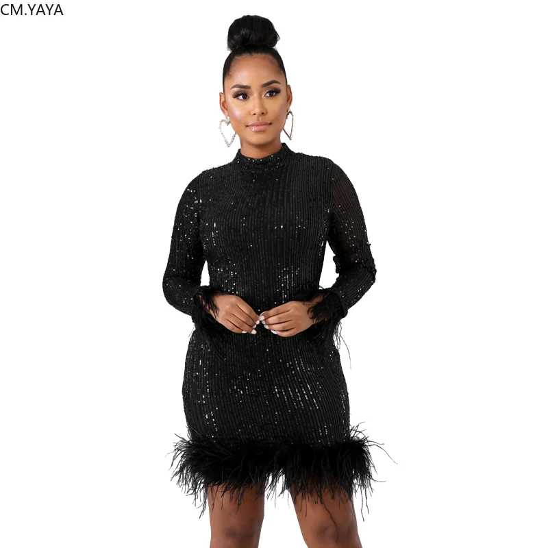 GL Autumn Winter Women O-Neck Long Sleeve Sequined Above Knee Dress Sexy Night Club Feather Bandage Mini Dresses CY8143 | Женская одежда