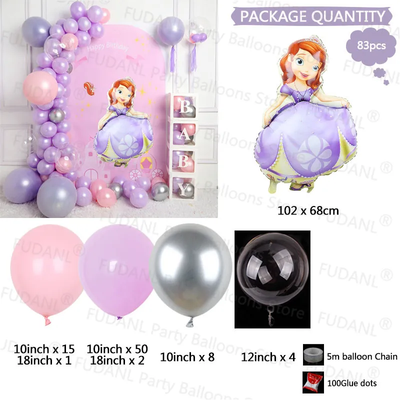 Globos de aluminio de Sofia de Disney para ni&ntilde;as, Kit de arco de guirnalda, fiesta de cumplea&ntilde;os de rosa y p&uacute;rpura Decoraciones, de l&aacute;tex, 83 Uds.-1