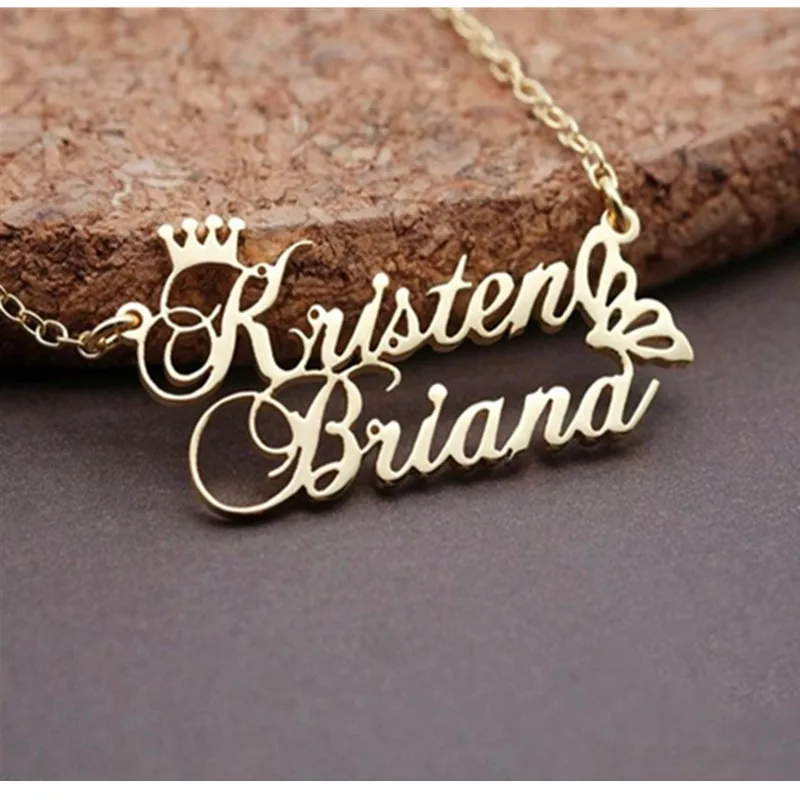 

Custom Crown Double Name Personalized Necklace Gold Color Butterfly Pendant Necklace Stainless Steel Jewelry Gifts For Women