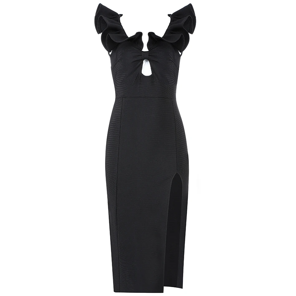 Modphy 2020 Spring New Women'S Bandage Dress Sexy V-Neck Ruffled Sleeveless Hollow Bodycon Club Party Knee-Length Black | Женская