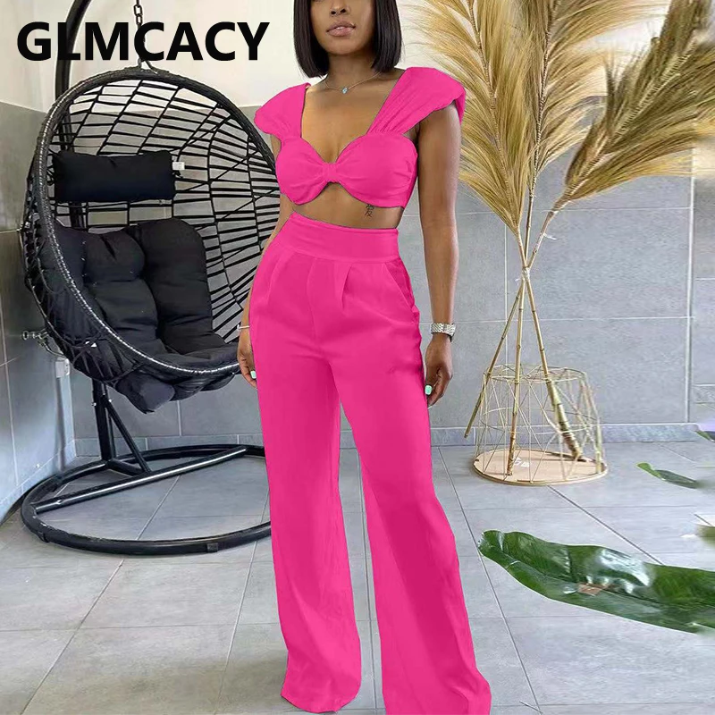 

Two Piece Chic Suits Sexy Crop Top & Loose Pants Set
