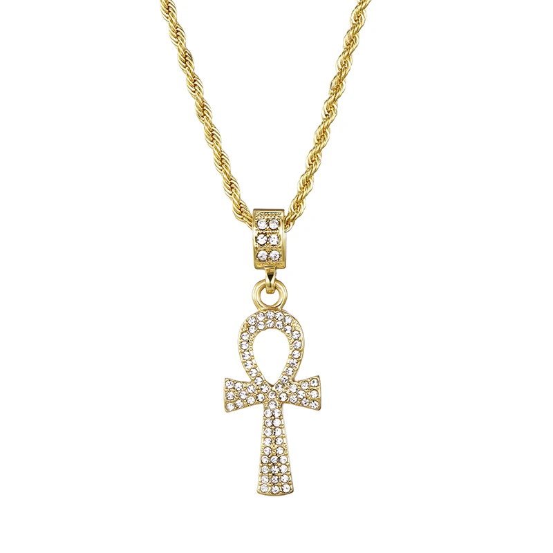 Gold 3MM24inch Египетский АНХ подвески, ожерелья мужской кулон в виде креста Веревка Цепь ключ жизни Bling льдом горный хрусталь ожерелье хип хоп ювелирные изделия - Окраска металла: Gold 3MM24inch