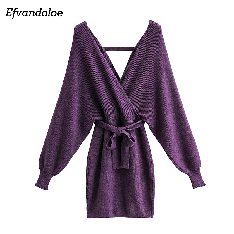 

Женское трикотажное платье-свитер с V-образным вырезом и длинным рукавом