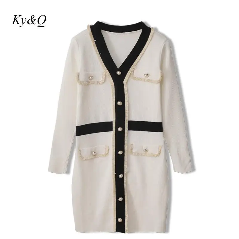 Осенне зимние модные вязаные платья свитеры облегающее однобортное женское