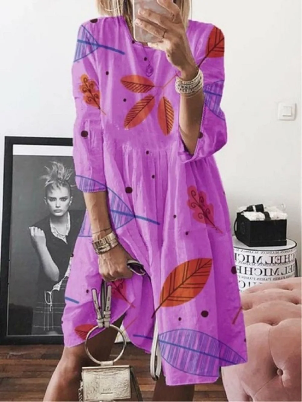 

Summer Women's Plus Size Boho Dress Loose Floral Printed Dresses Casual Long Sleeve V-Neck Mini Dress Vestidos Largos Verano