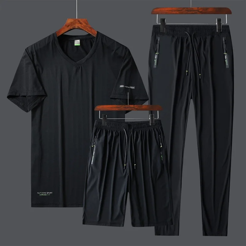 

Men's summer ice silk pants T-shirt V-neck three piece suit sports fashion leisure men's Leggings