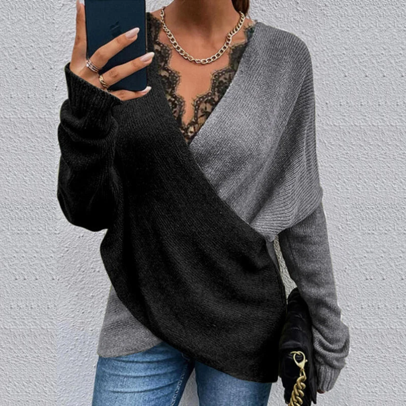

Solid Patchwork Lace Knitted Sweater Ladies Casual Long Sleeve Tops Pullover 2022 Spring Autumn New Women V-Neck Jumper Sweaters