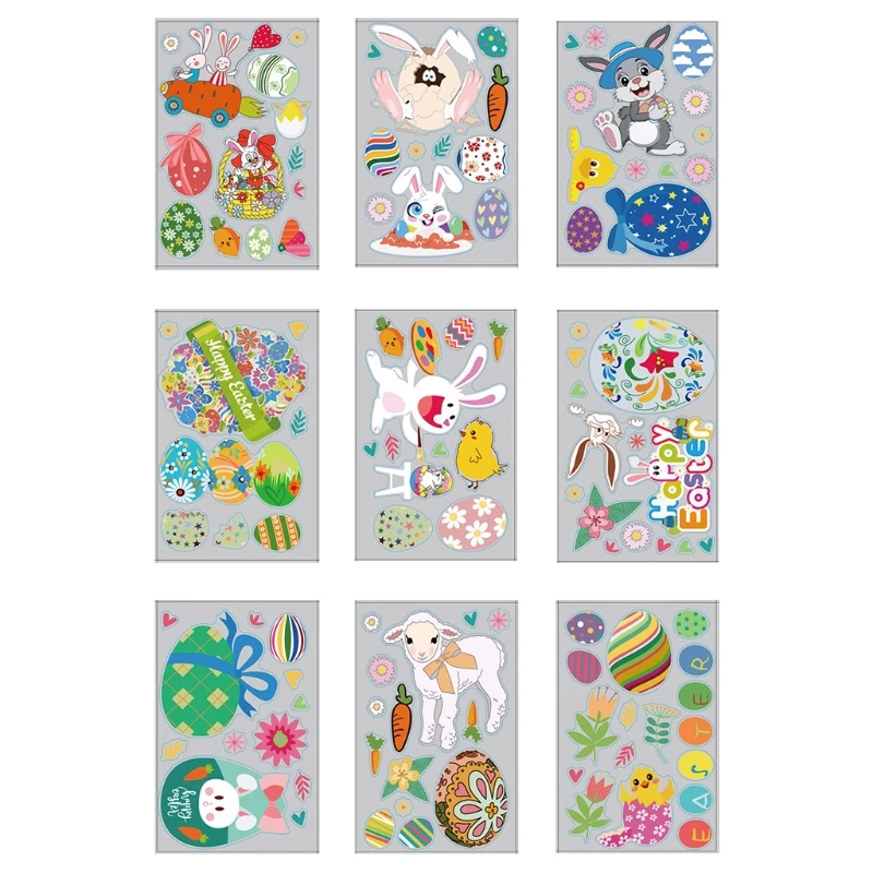 

9 Sheets/Set Removable Static Easter Window Clings Bunny Eggs Decals Stickers 87HA