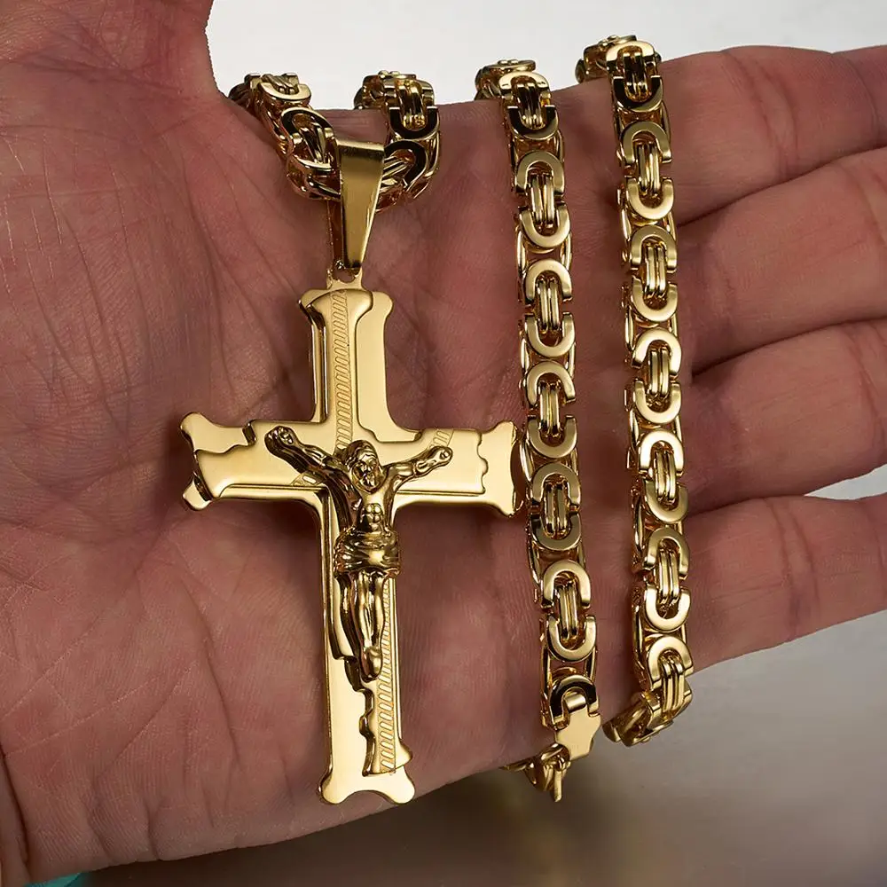 

Hip Hop Men's Two Layers Jesus Cross Pendant Necklace Jewelry Gift Rock 316L Stainless Steel Byzantine Box Chain