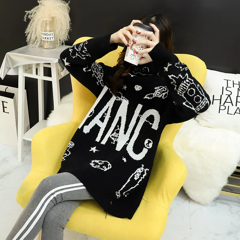 Женский вязаный свитер-водолазка повседневный черный пуловер свободного покроя