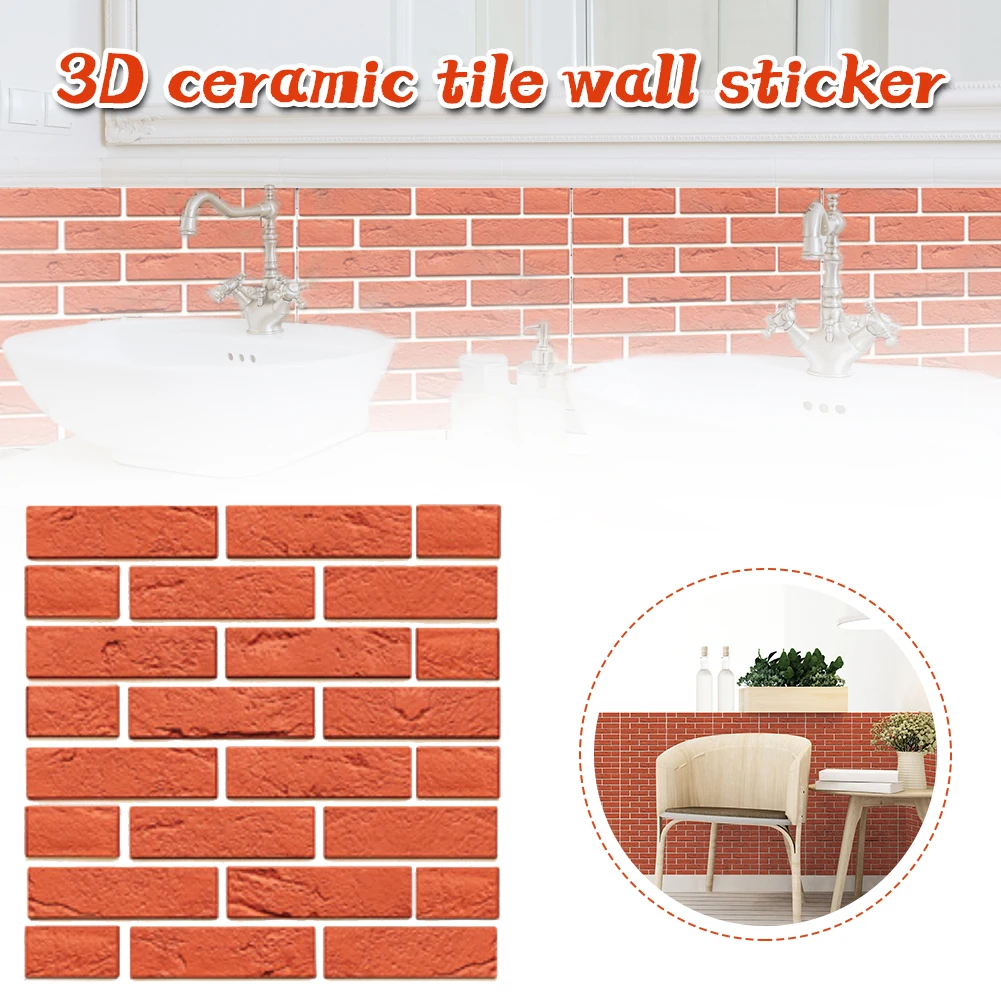 

12pcs 30x30cm/12" X 12" 3D Wall Tile Stickers Red Brick Pattern Kitchen Bathroom Self-adhesive Decor Waterproof Home Decoration