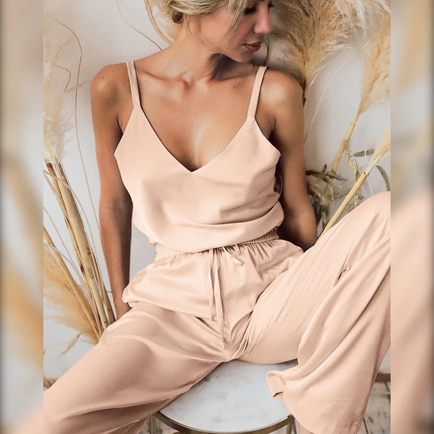 Однотонная Пижама HiLoc с V-образным вырезом Женский комплект из 2 предметов