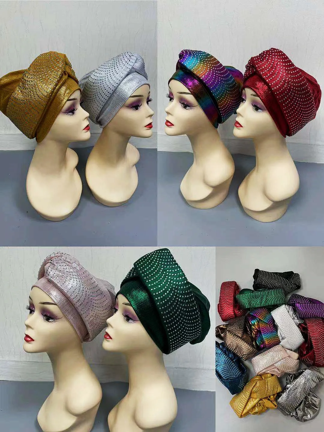 A Dozen Noble Turban Hats Women Cap Rhonestones For India Hat Scarves Head Wrap Headband Lady Girl Hair Accessories 12pcs/pack