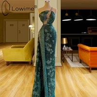 green long mermaid evening dresses 2021 one shoulder beading lace evening gowns robes de soiree formal prom party dress