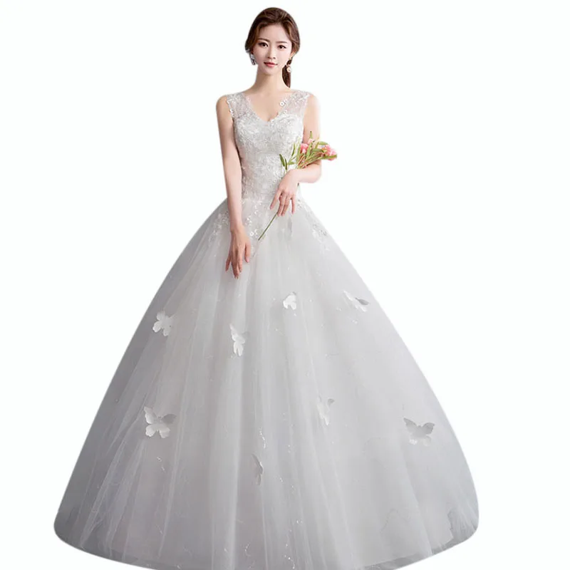 

Elegant White Wedding Dresses It's Yiiya AR685 V-neck Vestidos De Novia Appliques Lace Wedding Bowns Sleeveless Bridal Dress