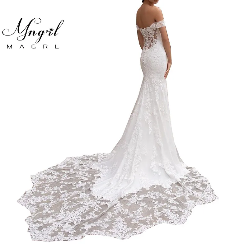 

MNGRL Wedding Dress Luxury Retro Bridal Dresses White Mermaid Sleeveless One Word Collar Chiffon 3d Flower Plus Size Tail