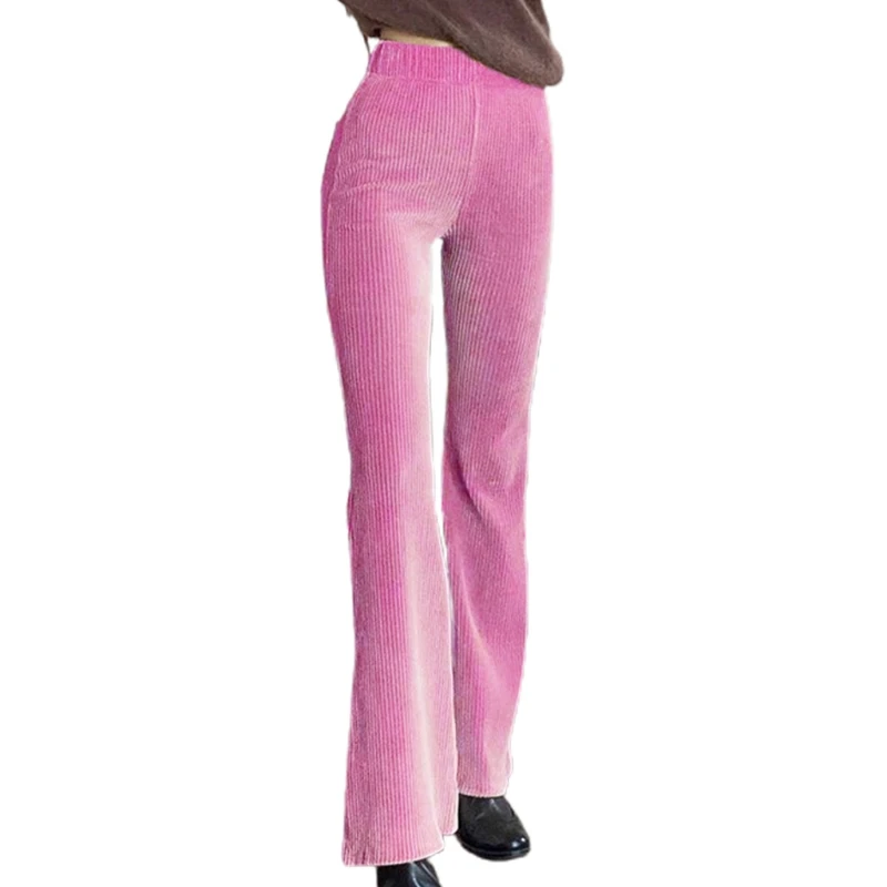 

Women High Waist Wide Leg Pants Vintage Ribbed Velvet Solid Color Flare Bell Bottom Trousers Hip Hop Slim Streetwear