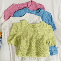 women knitted crop tees solid pastel color short sleeve crinkle knit casual tops summer basic going out simple tops