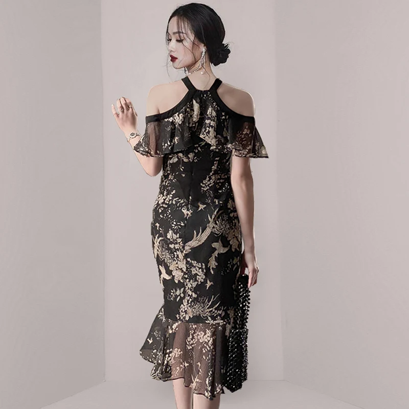 

Summer Dress Office Ladies Off The Shoulder Halter Sexy Ruffles Print Slim Trumpet Mermaid Dresses for Women T405
