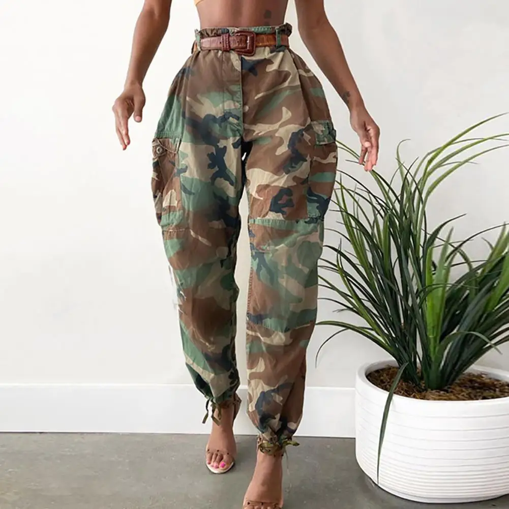 

Women Pants Fashion High Waist Camouflage Print Ankle Tied Sports Long Pants biking mountain climbing Trousers Spring Autumn