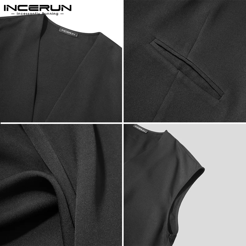 

INCERUN Men Vests Solid Color Sleeveless Korean Streetwear 2021 Causal Waistcoat Men Open Stitch Fashion Outerwear With Belt 5XL