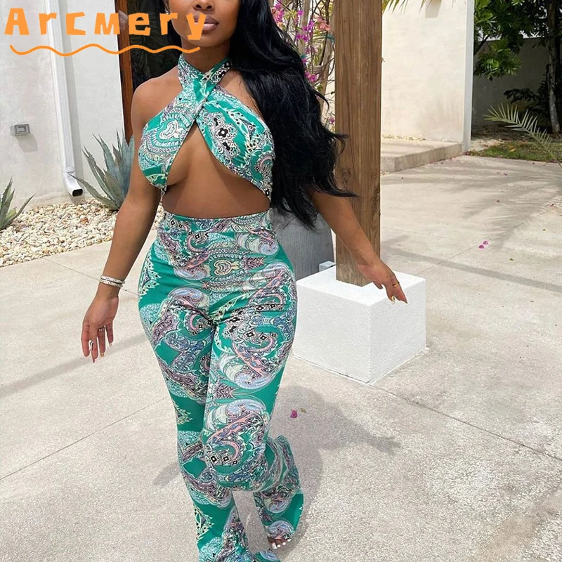 

Women Printed 2 Pieces Pants Sets Halter Backless Top & Bodycon Pants