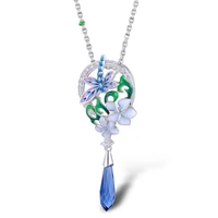 bohemia jewelry silver enamel flower dragonfly pendant charm necklace women temperament zircon crystal sweater chain necklace