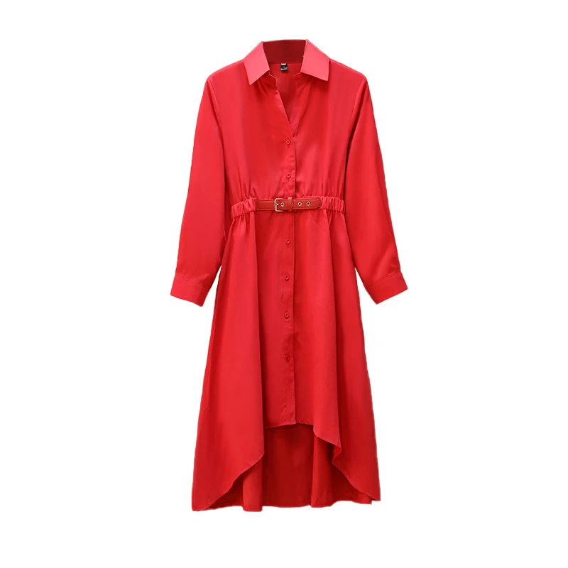 

2020 Summer Red Shirt Dress Women Casual Sashes A Line Party Dresses Ladies Long Sleeve Button OL Style Knee Sundress Boho Robe