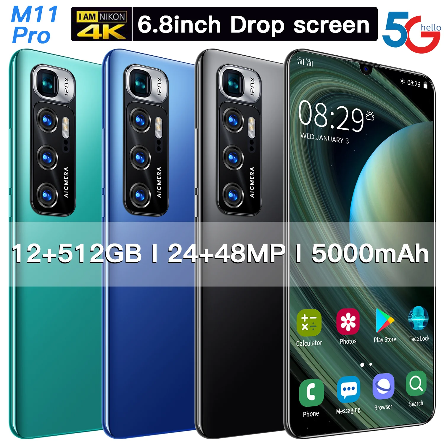 

M11 Pro 10 Core 6.8 Inch Global Version Smartphone 12GB 512GB 24MP 48MP 5000MAH Snapdragon 888 Android 10 Face ID Mobile Phone