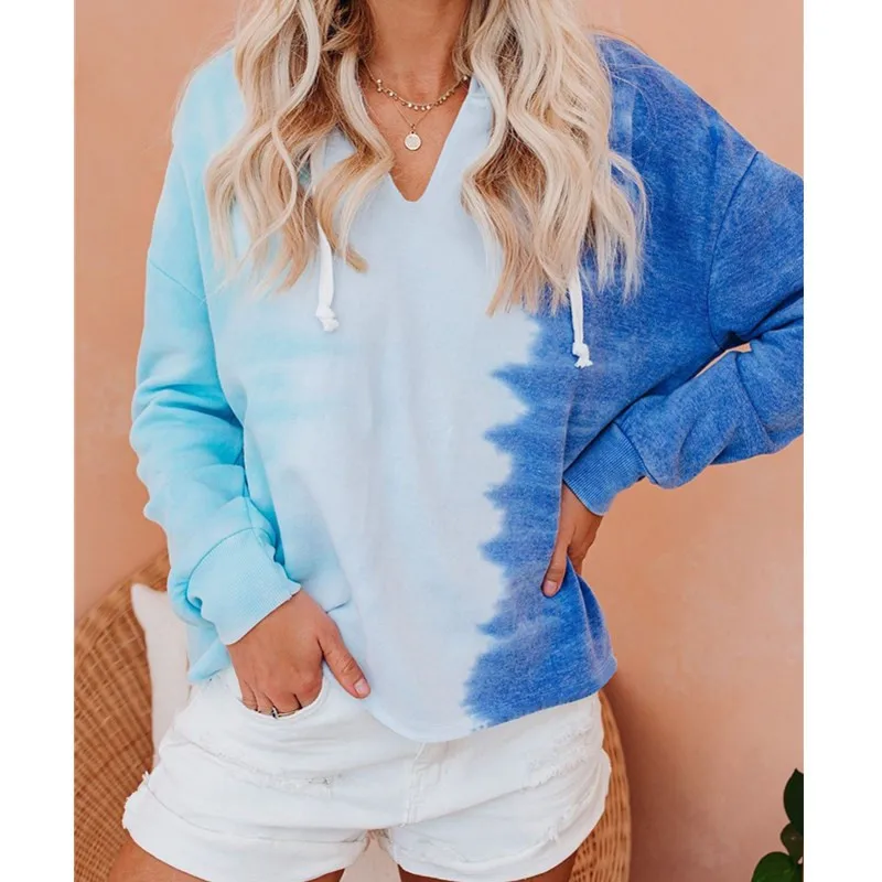 

New Fashion Women Top Tie-dye Gradient Color V-neck Sweatshirt Hooded Long-sleeved Casual Sweatshirt