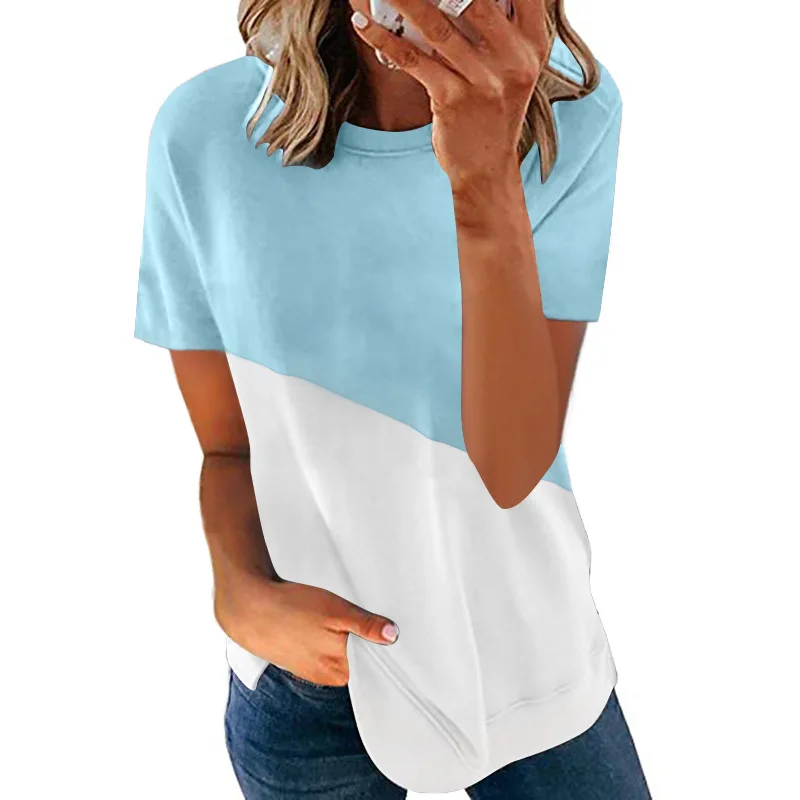 

T Shirt Women Summer Short Sleeve Women's Clothing Casual Round Neck Pullover Loose Tops Female Solid Patchwork Ropa Mujer