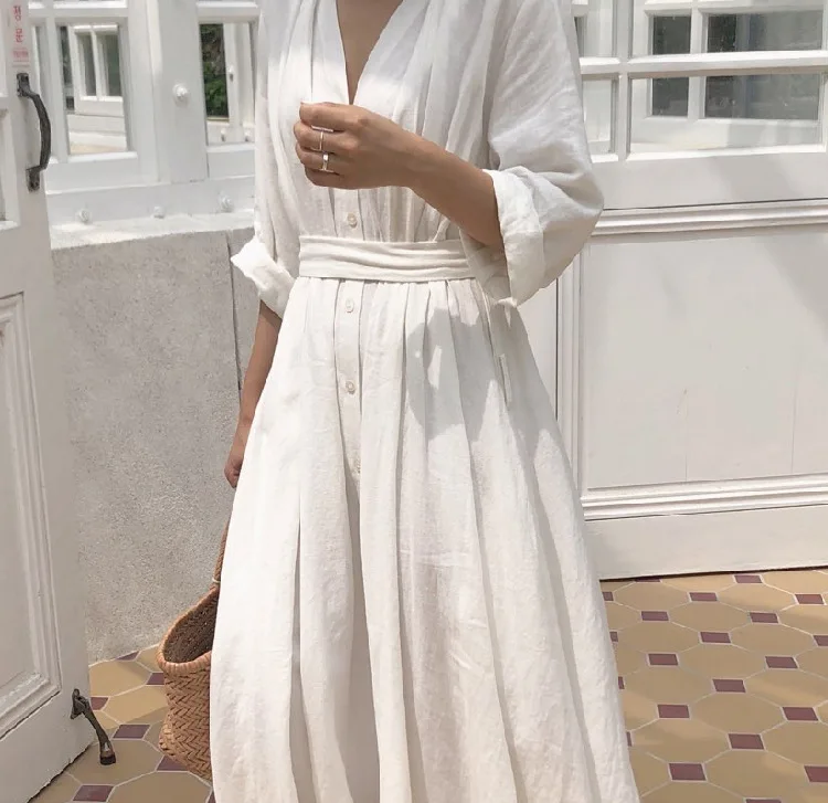 

Korean Excellent cotton summer dress 2020 elegant belt V-neck casual beach dress women simple long sleeve white Shirt Dress
