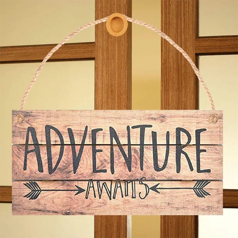 

Wall Creative Wooden Sign Adventure Letter Printed Hanging Door Plaque Hemp Rope Crafts Door Hanging Plaque Pendant for Family
