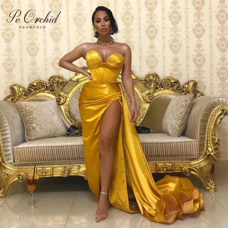 Атласное Золотое вечернее платье PEORCHID для женщин длинное Плиссированное