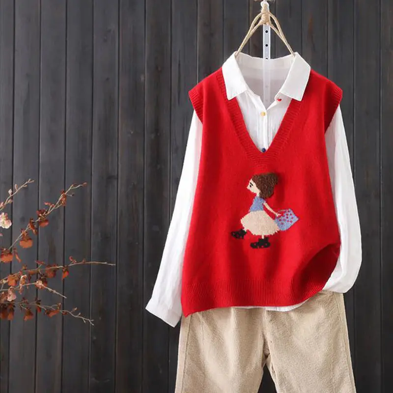 Loose V-neck Knitted Sweater Vest Female Cartoon Pattern Embroidery Sweet Wind Sleeveless Pullover Women Spring | Женская одежда