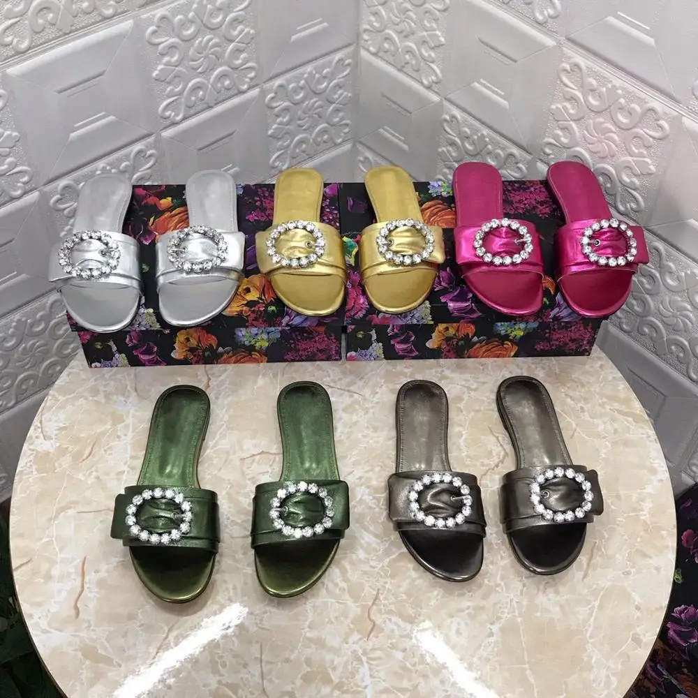 

New Slippers Women Genuine Leather Flats Hot Designer Shoes Women Rhinestone Decor Slides Spring Summer Women Shoes Ladies