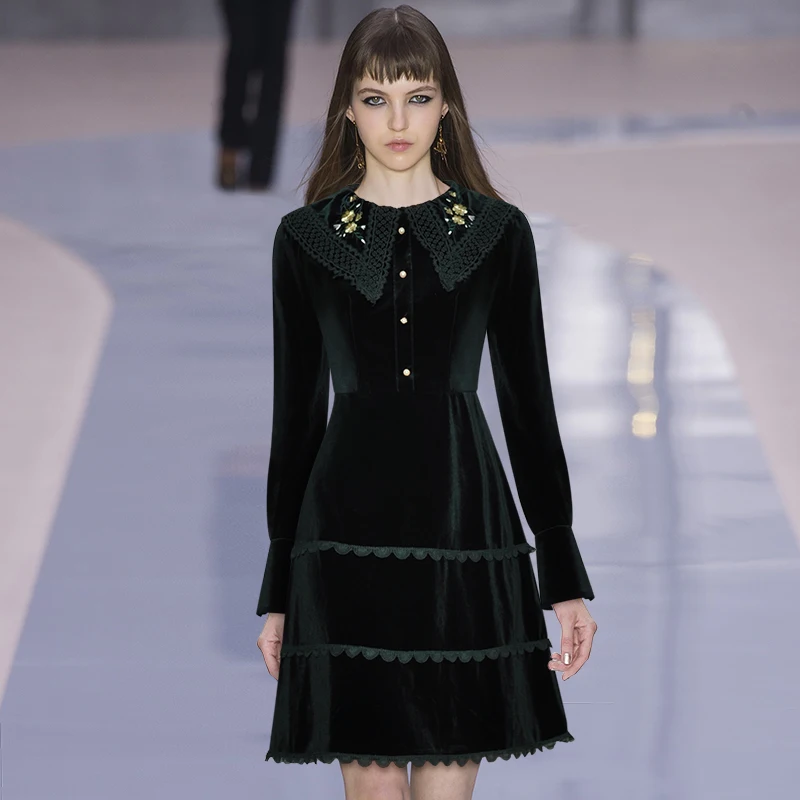 

Бархатное кружевное платье, зима 2020, женское платье с вышивкой, отложным воротником и длинным рукавом, облегающие винтажные платья с вышивк...