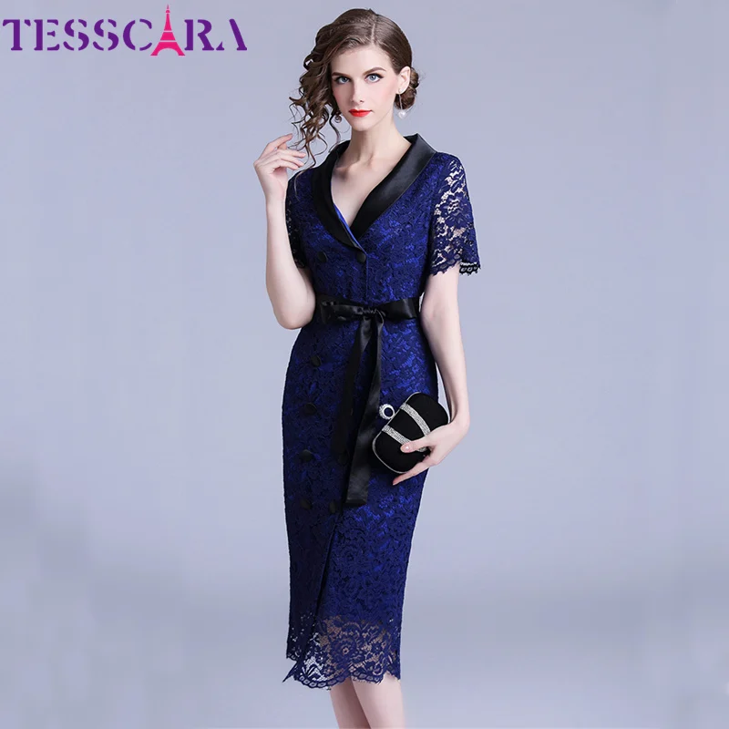Blue TESSCARA женское летнее элегантное кружевное платье Festa высокое качество офисное женское платье карандаш Vestidos винтажное дизайнерское тонкое синее платье - Цвет: Blue