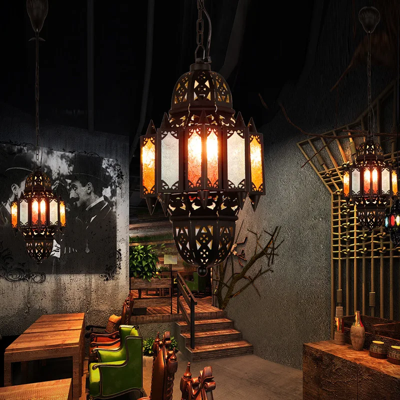 

Southeast Asia Morocco Retro Vintage Industrial Led Pendant Lights Metal Iron Art Suspension Luminaire Bar Aisle Restaurant Cafe