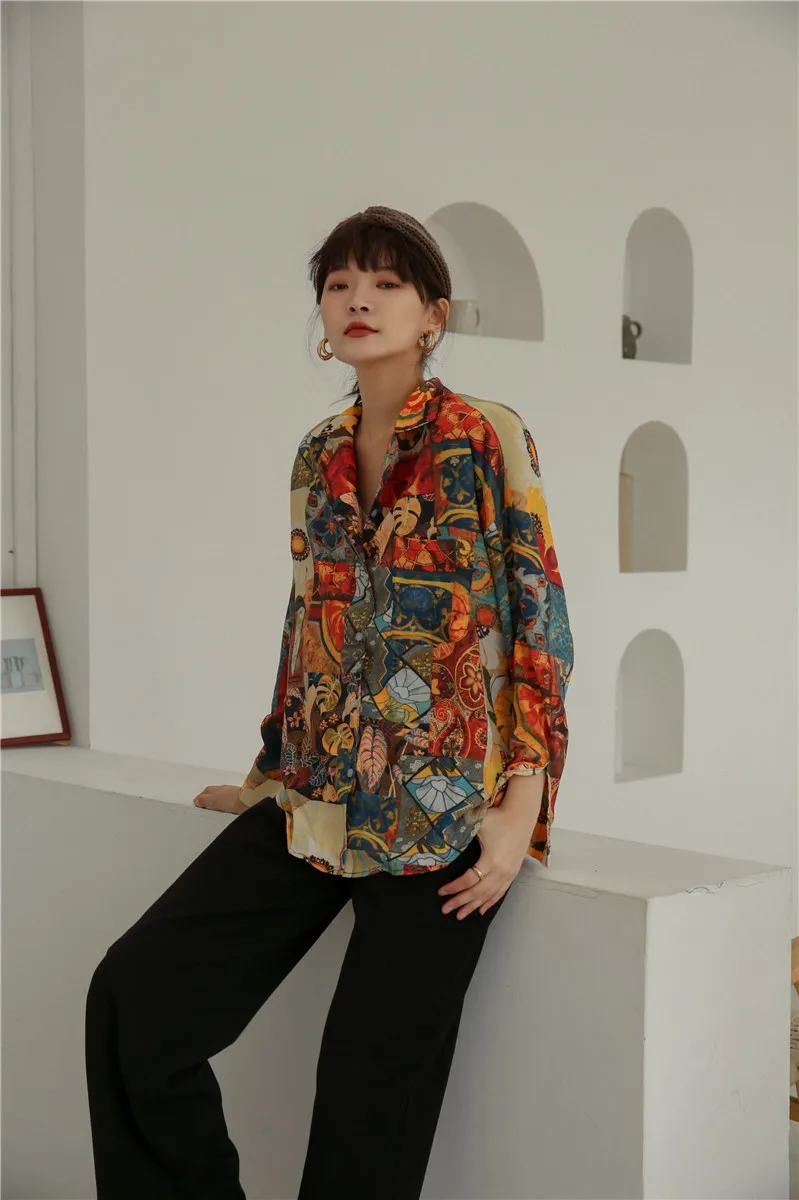 Cheerart подсолнечника Винтаж блузка цветочный Рисунок Top Блузка с длинными рукавами рубашка на пуговицах для Для женщин осень