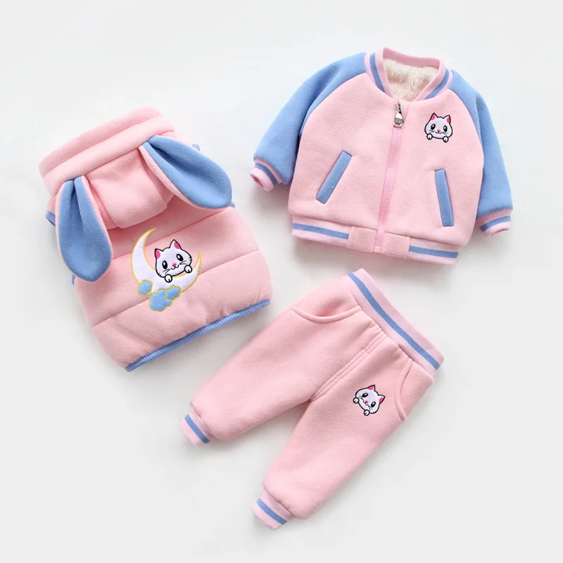 pink cat Г., зимние комплекты одежды для маленьких девочек, хлопковый утепленный жилет с подкладкой+ куртка+ штаны удобный теплый зимний костюм из 3 предметов с плюшевой подкладкой для девочек - Цвет: pink cat